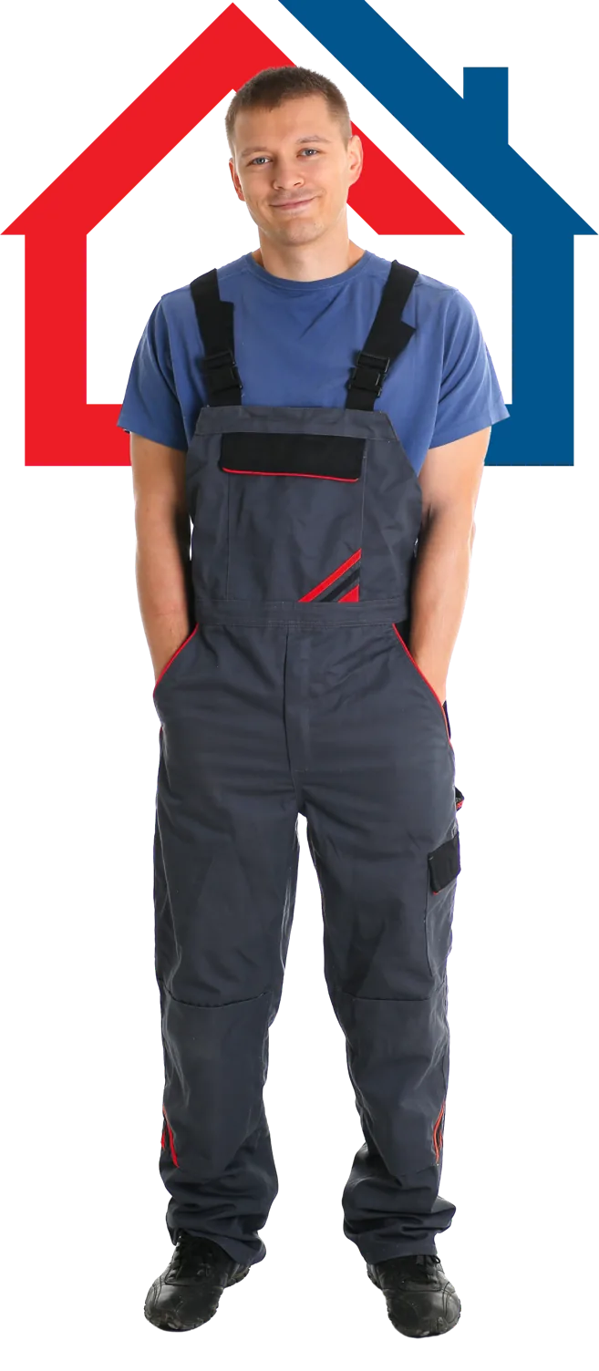 Home service technician in overalls framed by a house outline